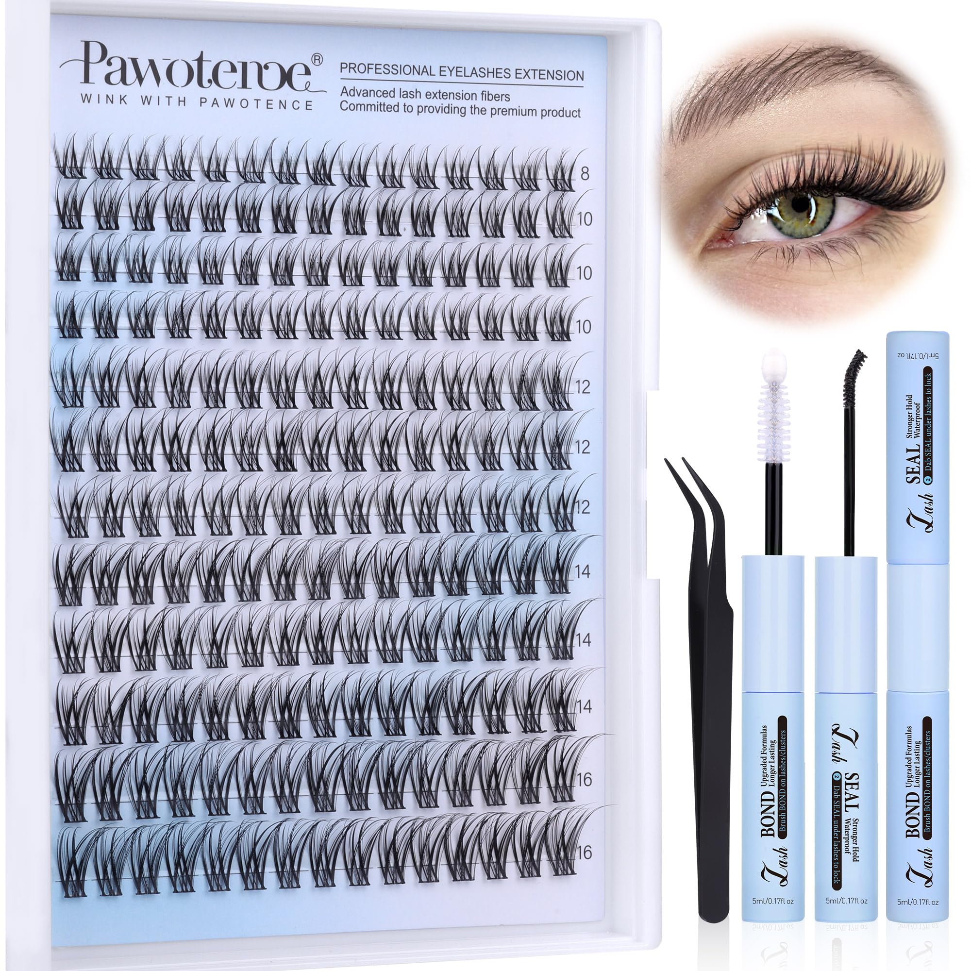 Pawotence Lash Clusters Kit packaging shows 180 cluster lashes for at-home natural enhancement.