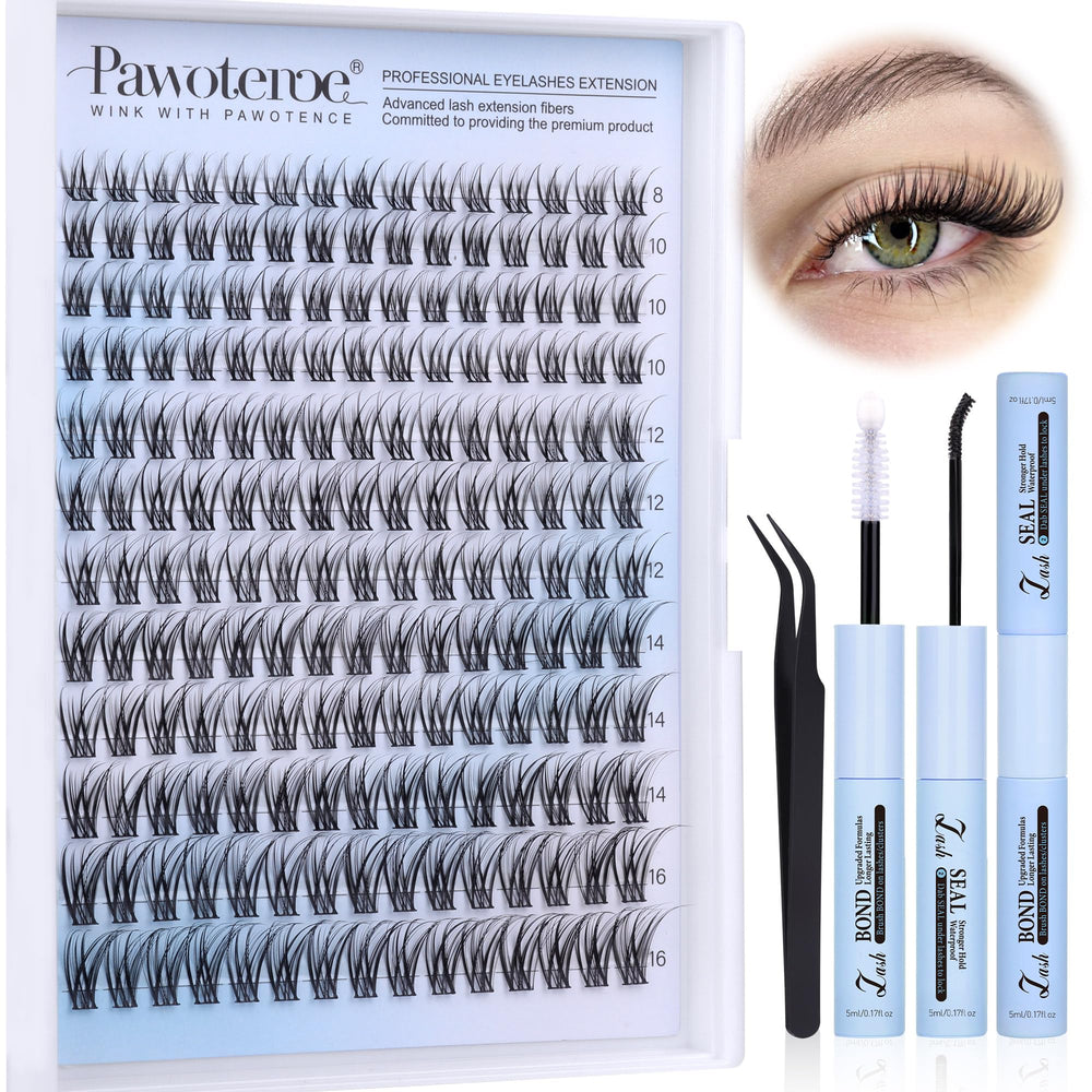 Pawotence Lash Clusters Kit packaging shows 180 cluster lashes for at-home natural enhancement.