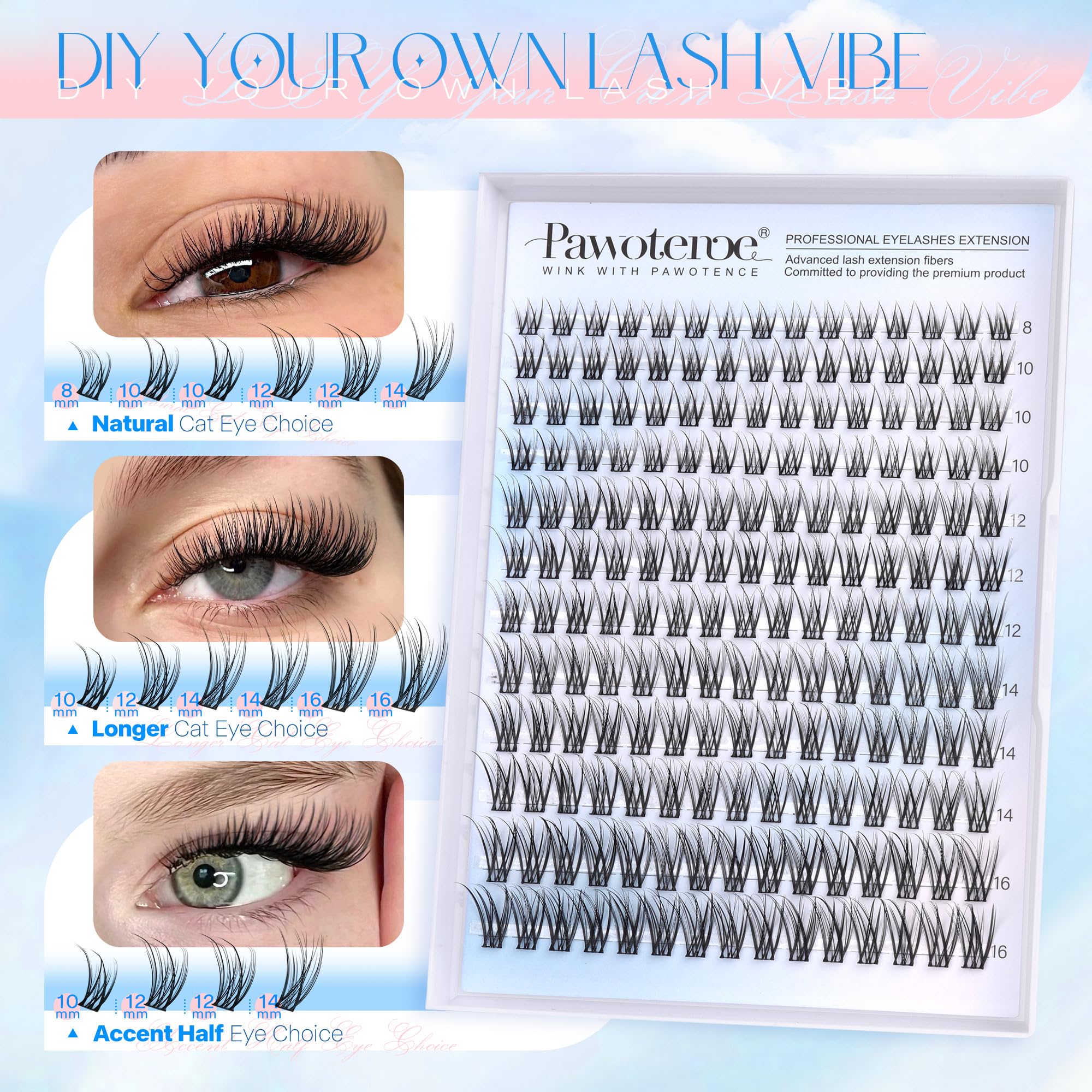 Pawotence Lash Clusters of varying lengths (8-16mm) for customizable eye looks.