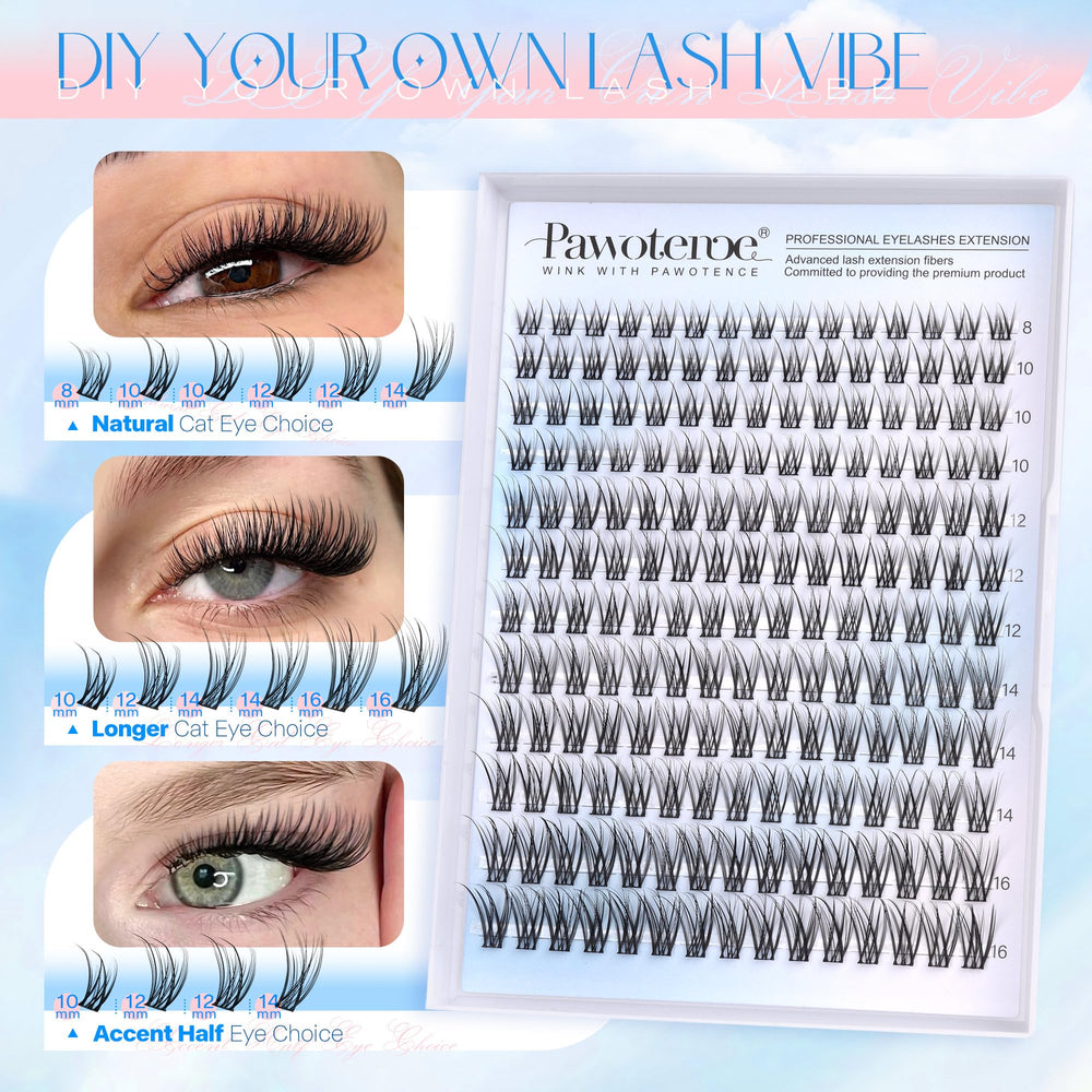 Pawotence Lash Clusters of varying lengths (8-16mm) for customizable eye looks.