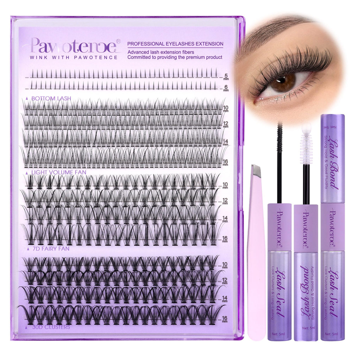 Pawotence lash extension kit with 404 cluster lashes for natural-looking fullness at home.