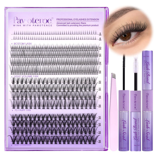 Pawotence lash extension kit with 404 cluster lashes for natural-looking fullness at home.