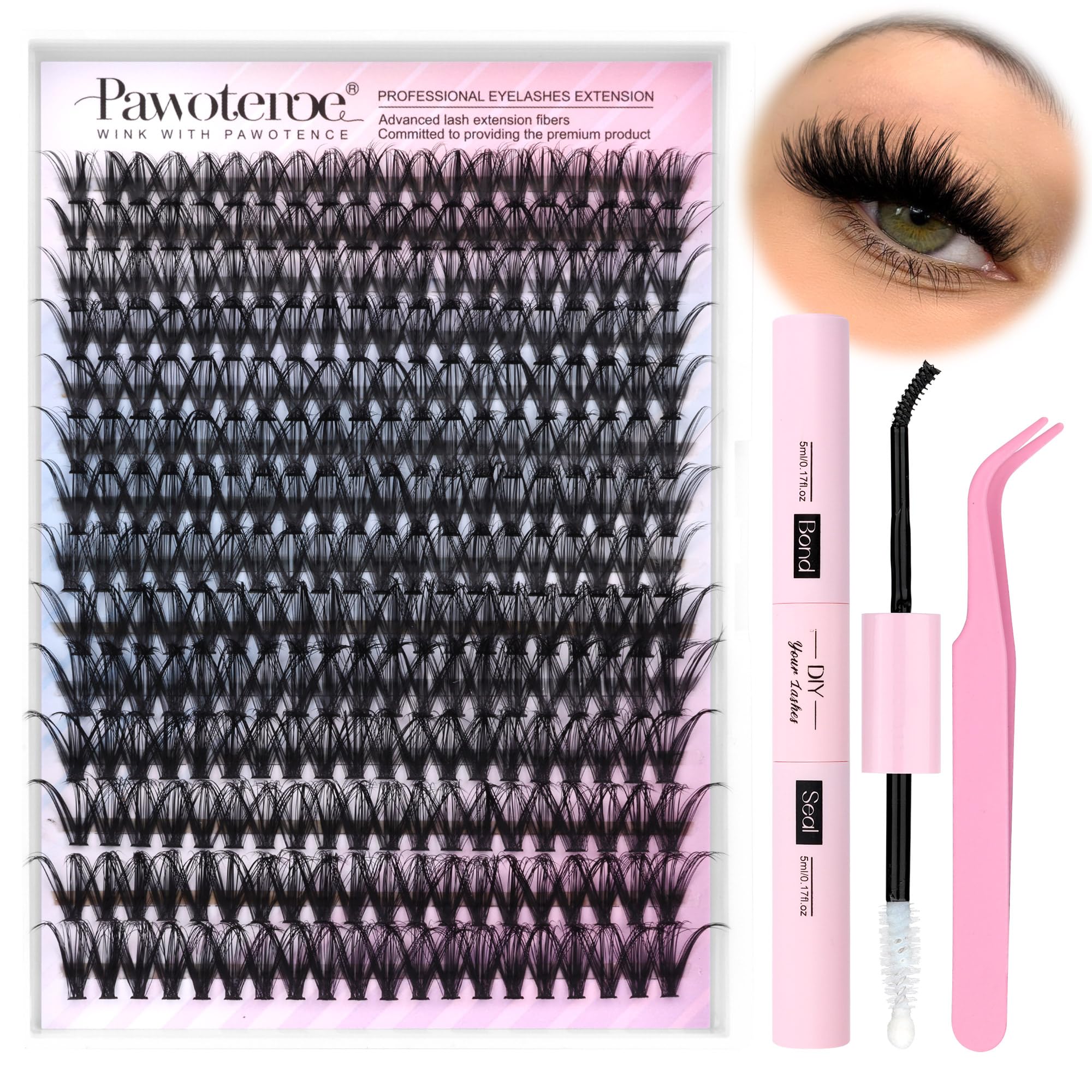 Pawotence lash extension kit with 40D clusters for fuller at-home lashes.