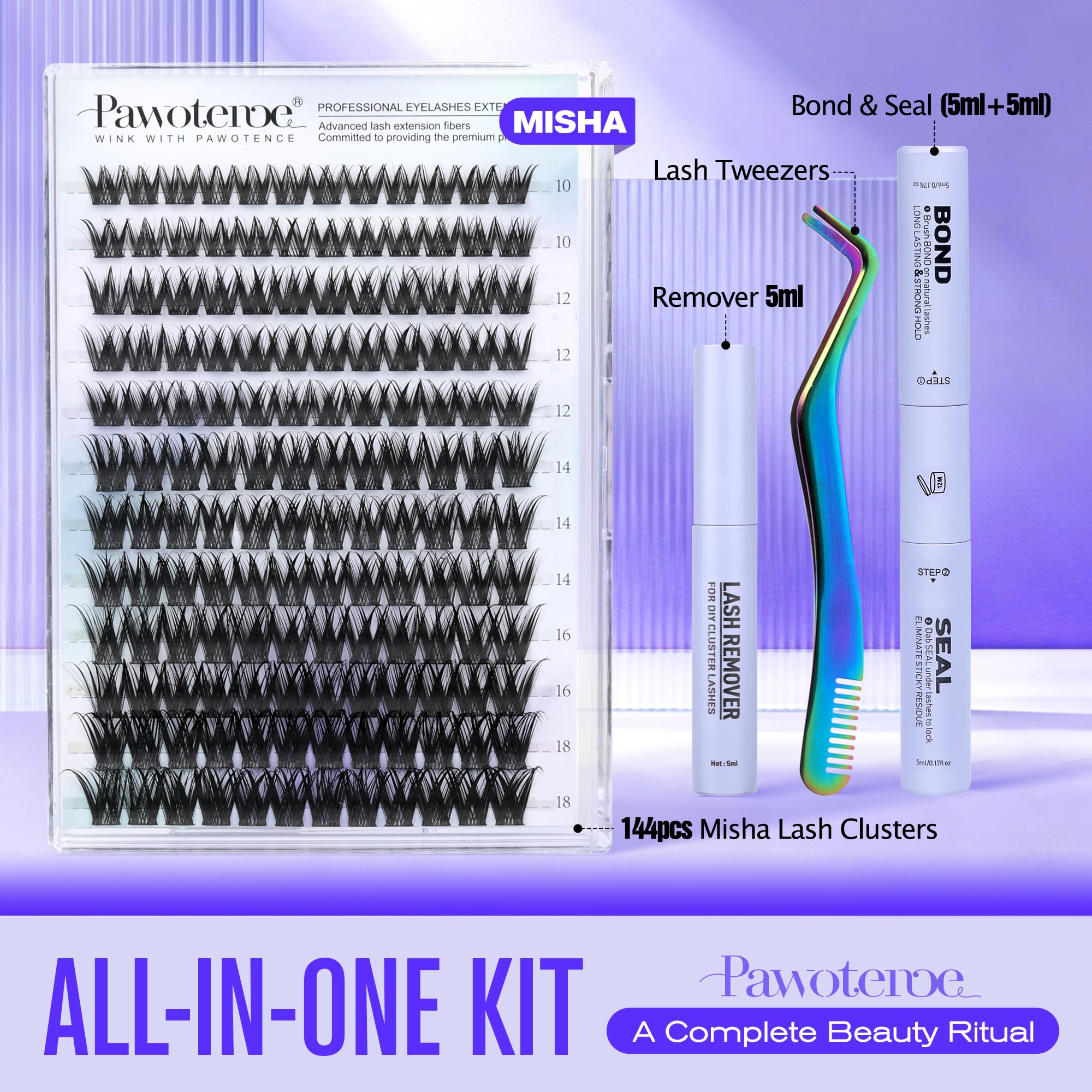 Pawotence Misha lash clusters kit with 10-18mm lengths for versatile styling.
