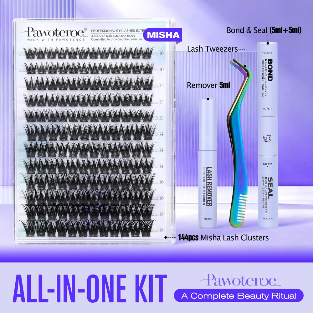 Pawotence Misha lash clusters kit with 10-18mm lengths for versatile styling.