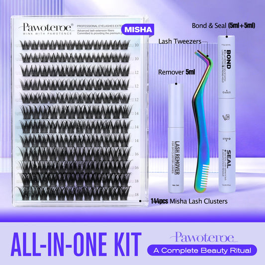 Pawotence Misha lash clusters kit with 10-18mm lengths for versatile styling.
