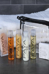 Paya Organics travel tote bag shown, durable organizer for toiletries on trips