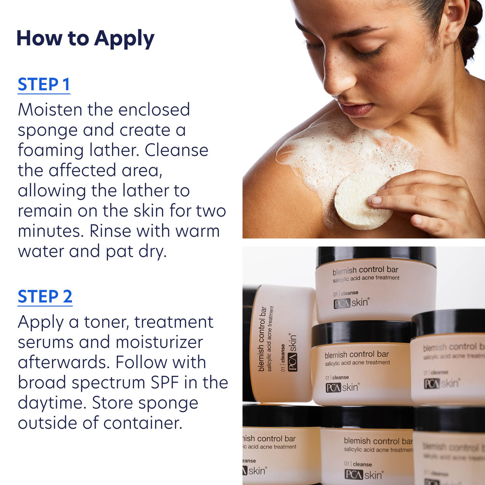 PCA SKIN Blemish Control Acne Cleanser Bar with sponge usage for two-minute contact