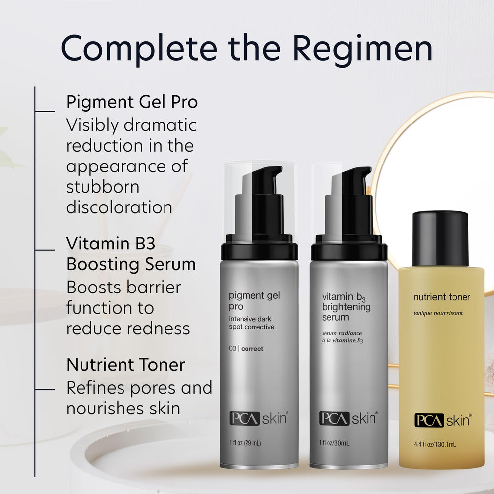 PCA SKIN Pigment Gel Pro daytime-use scene with sunscreen nearby.