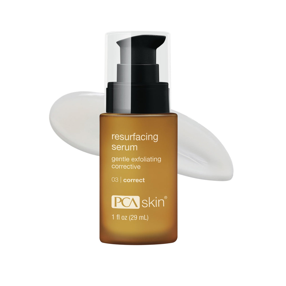 PCA SKIN Resurfacing Serum bottle emphasizes gentle exfoliation for brighter skin.