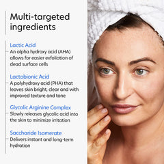 PCA SKIN Resurfacing Serum on nightstand with face and neck application.
