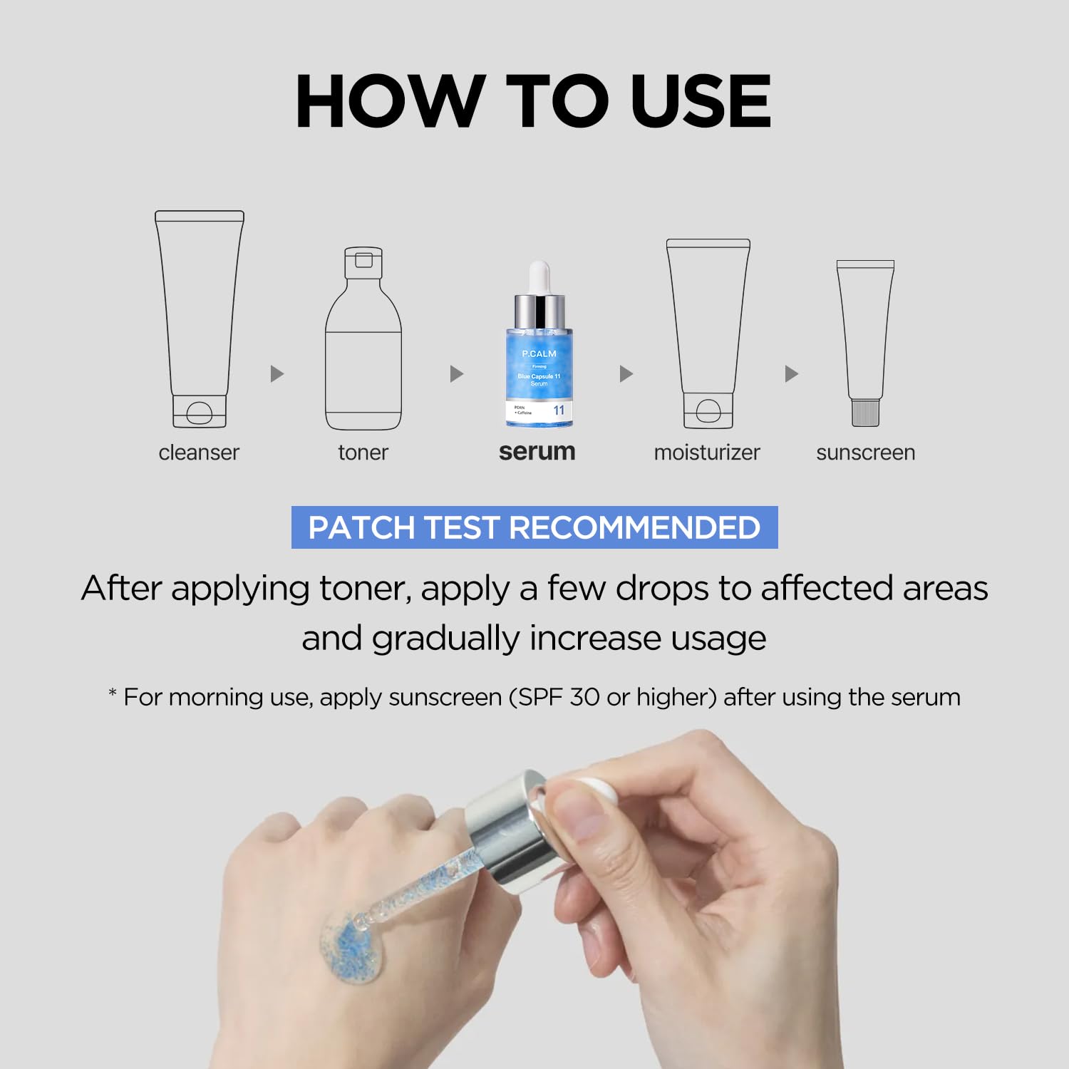 P.CALM Blue Capsule 11 Serum glass bottle on a clean surface.