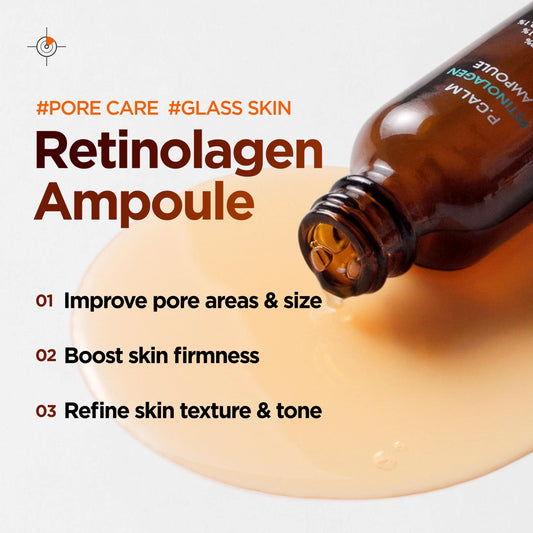 P.CALM Retinolagen Ampoule drop on fingertip illustrating precise micro-dosing