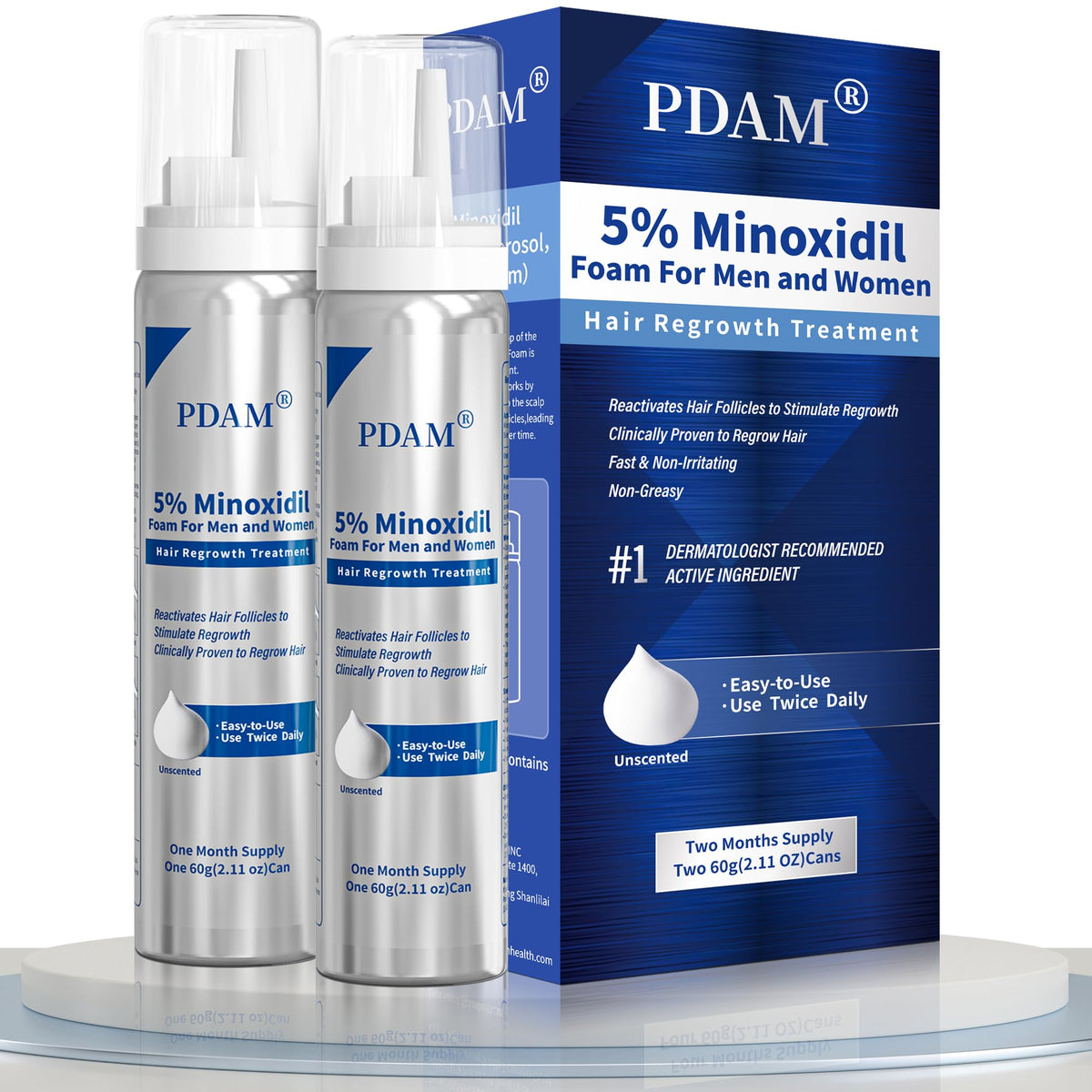 Pdam Minoxidil foam bottle shown for scalp thinning support