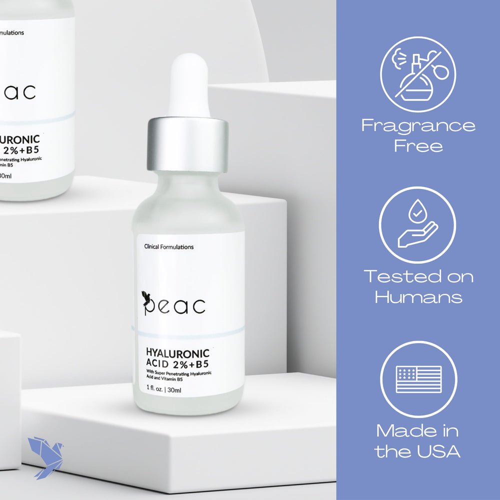 Peac Hyaluronic Acid 2% + B5 Serum 1oz packaging ideal for travel hydration.