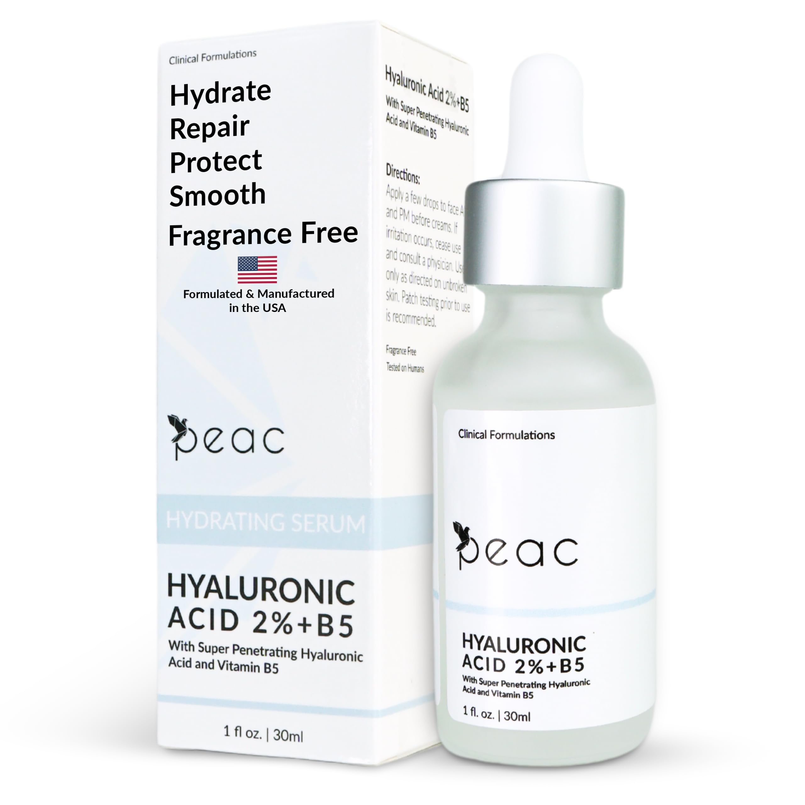 Peac Hyaluronic Acid 2% + B5 Serum bottle closeup highlighting lightweight hydration for daily use.