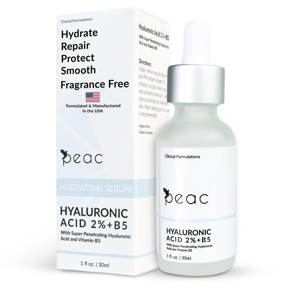 Peac Hyaluronic Acid 2% + B5 Serum bottle closeup highlighting lightweight hydration for daily use.