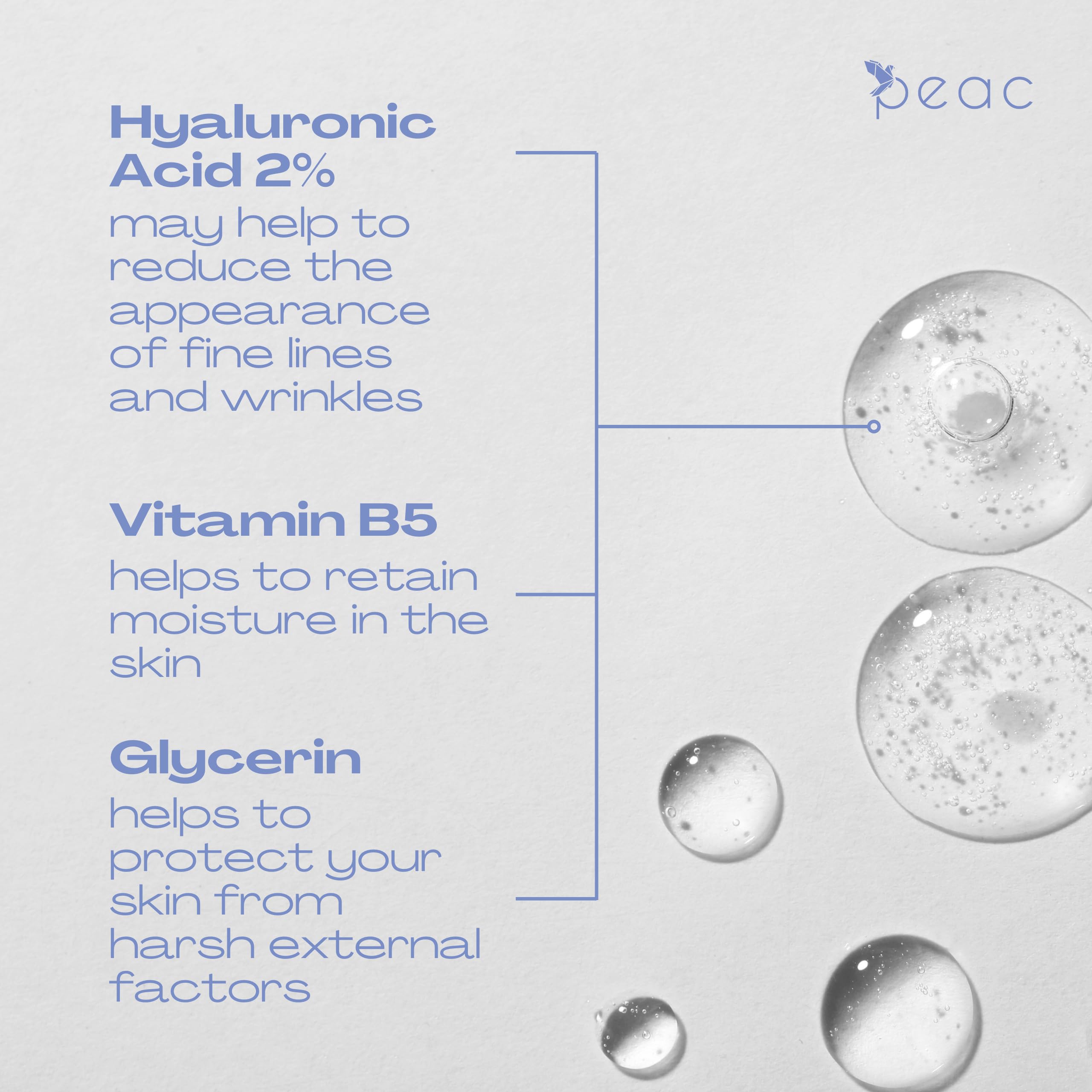 Peac Hyaluronic Acid 2% + B5 Serum texture detail shows quick-absorbing, fragrance-free hydration.