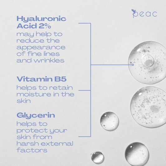 Peac Hyaluronic Acid 2% + B5 Serum texture detail shows quick-absorbing, fragrance-free hydration.