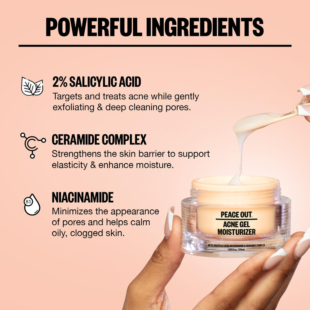PEACE OUT Acne Gel Moisturizer label highlights 2% salicylic acid for blemish-prone skin
