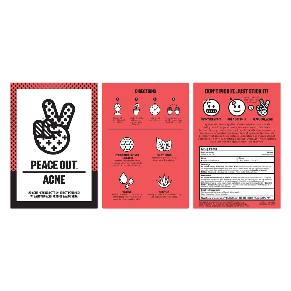 Peace Out Early Stage Acne Dots box open, compact kit for quick applications.