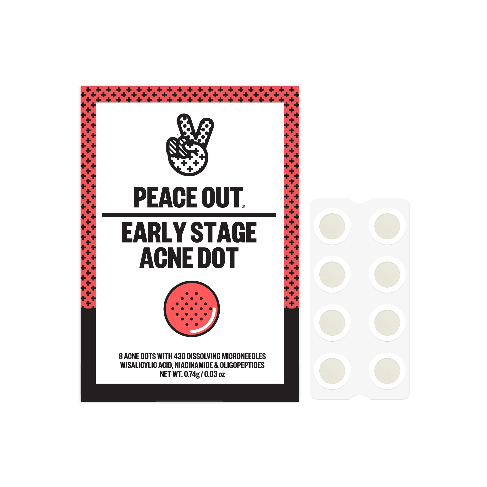 Peace Out Early Stage Acne Dots packaging ready for on-the-go care.