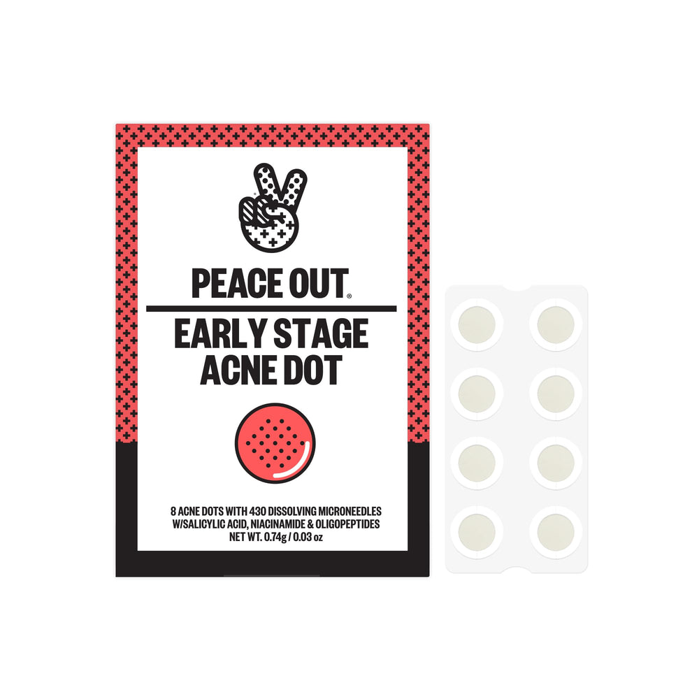 Peace Out Early Stage Acne Dots packaging ready for on-the-go care.