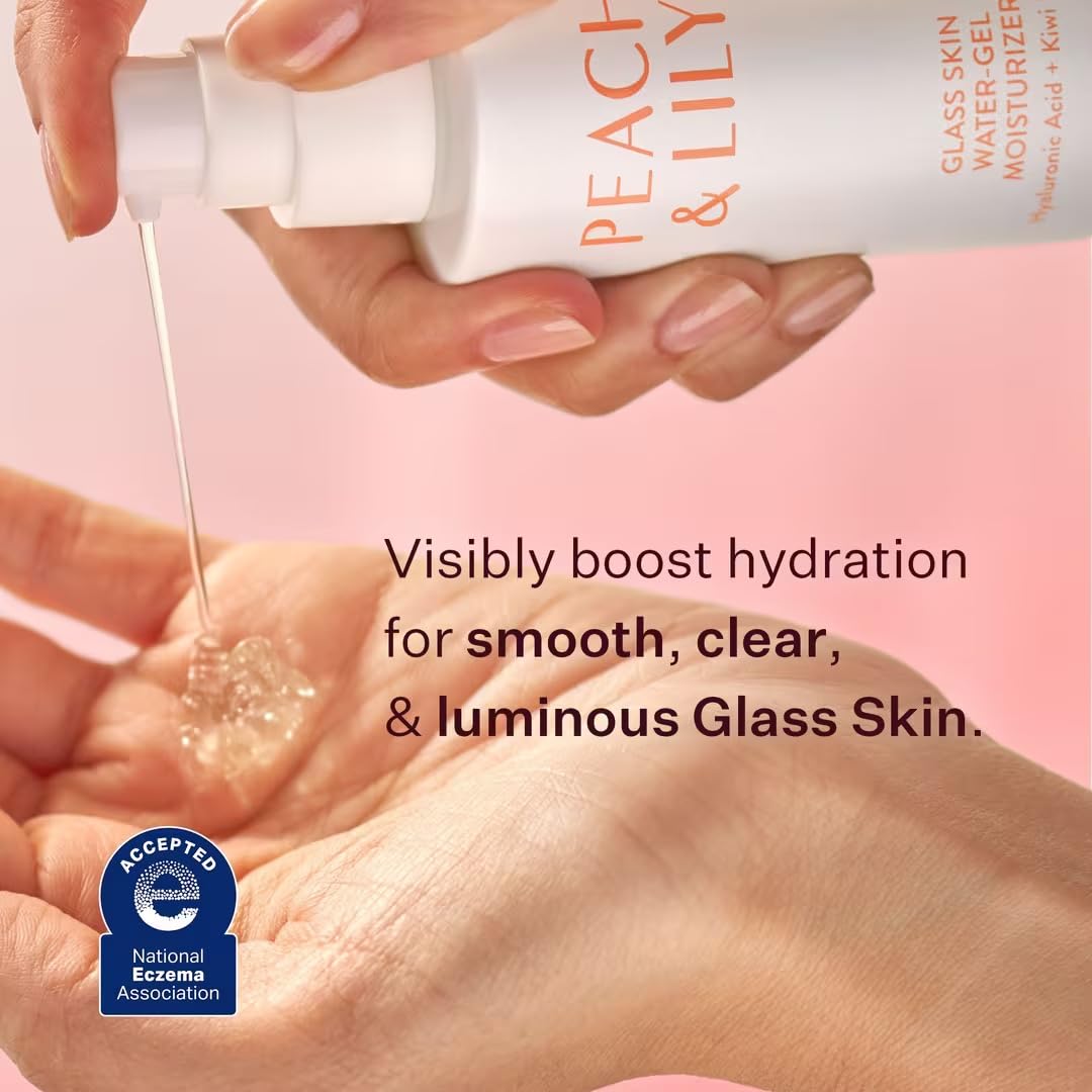 Peach and Lily moisturizer texture close-up shows lightweight oil-free feel