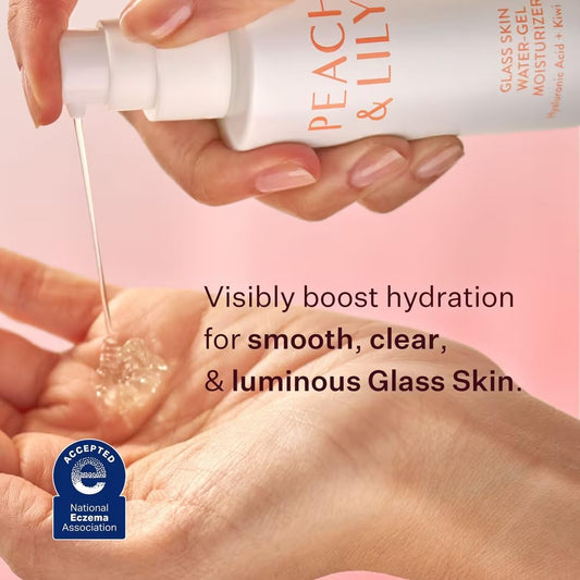 Peach and Lily moisturizer texture close-up shows lightweight oil-free feel