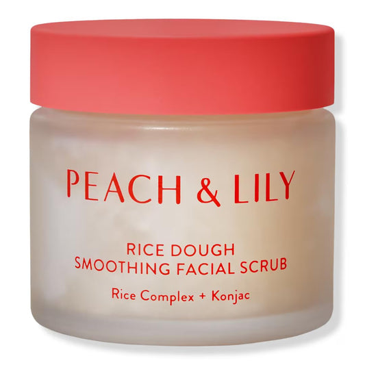 Peach & Lily Rice Dough Scrub jar showing whipped texture for gentle exfoliation