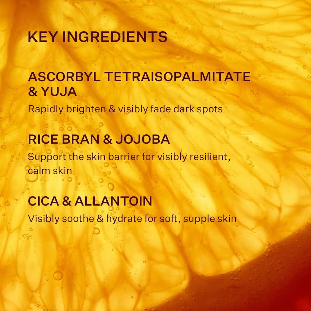 Peach & Lily Transparen-C Pro Brightening Moisturizer label shot features vitamin C and yuja.