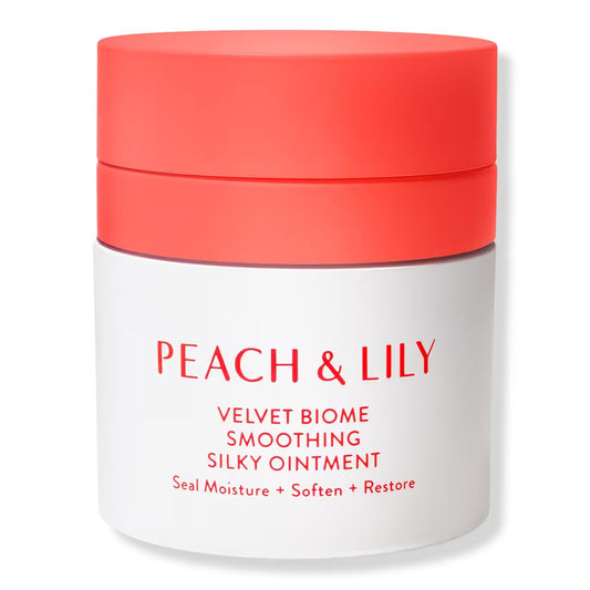 Peach & Lily Velvet Biome Repairing Ointment bottle shows lightweight hydration in action.
