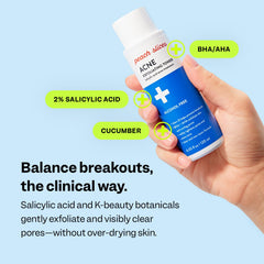 Peach Slices Acne Toner label close-up showing fragrance-free formula