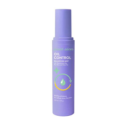 Peach Slices oil control mist bottle closeup showing shine reduction.