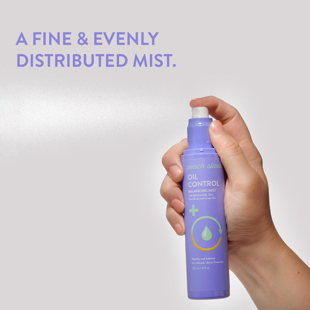 Peach Slices oil control mist applied on skin with makeup for mattifying.