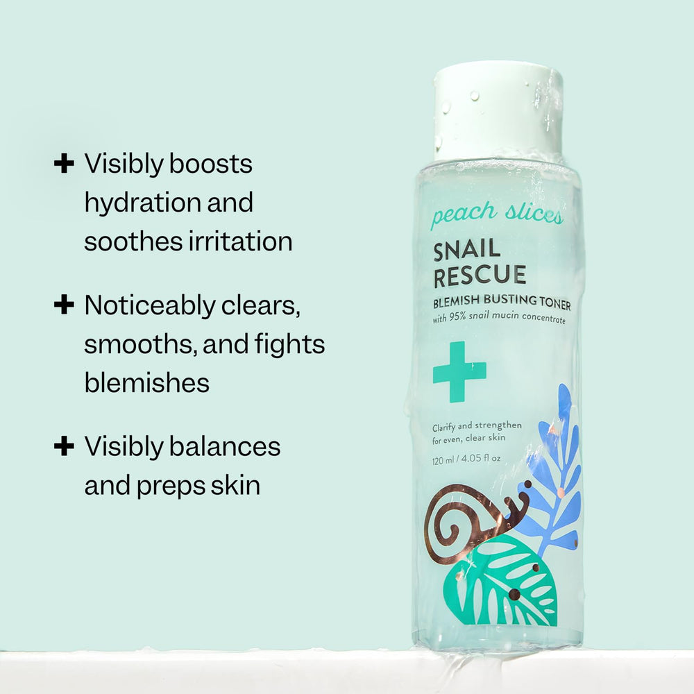Close-up of Peach Slices Snail Rescue Toner label, showing hydration focus