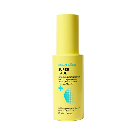 Peach Slices Super Fade serum bottle closeup highlights precision airless pump.
