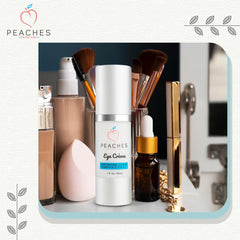 Peaches Skin Care Brand Logo on jar conveys premium eye care