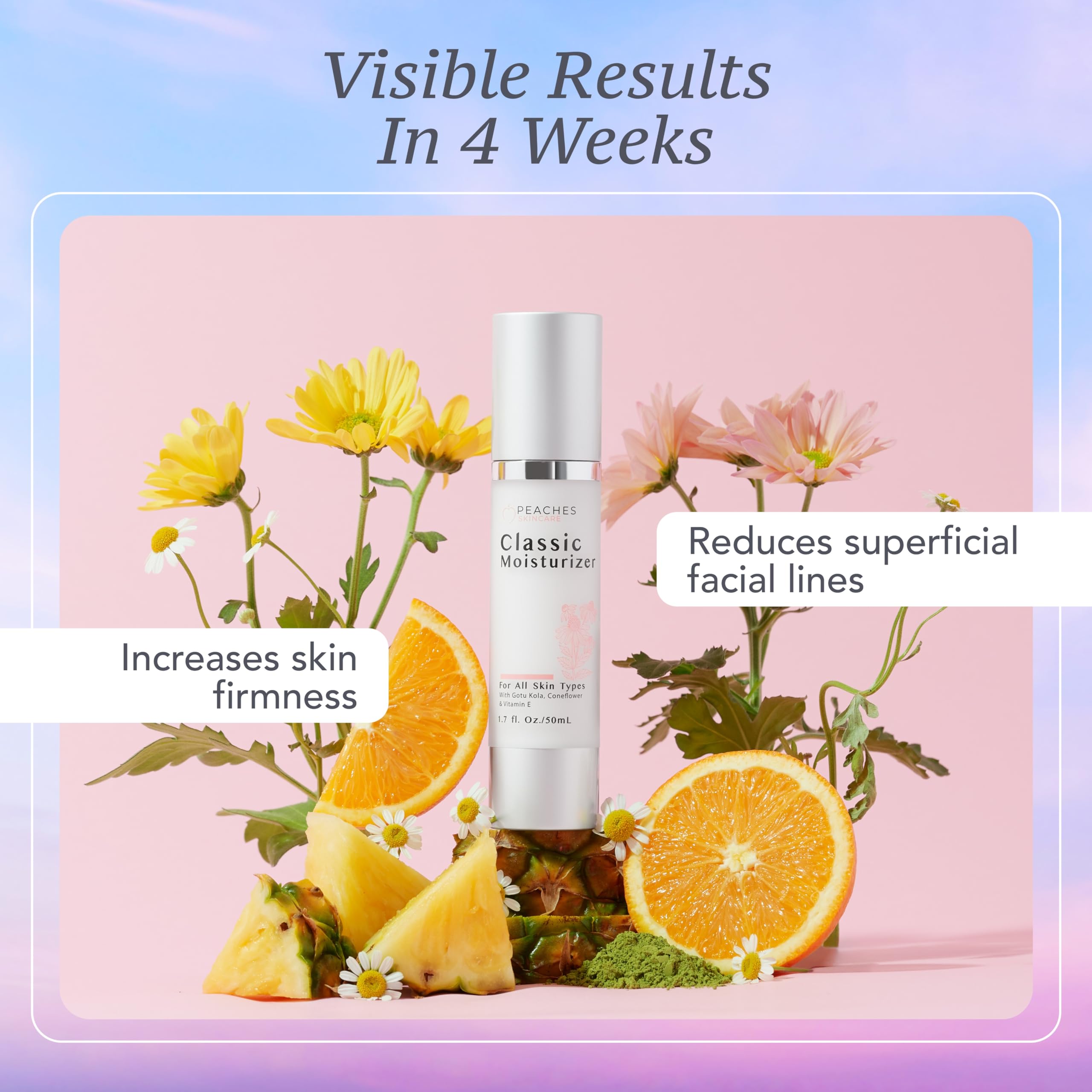 Peaches Skin Care daily use moisturizer for dry skin delivering soft, balanced hydration.