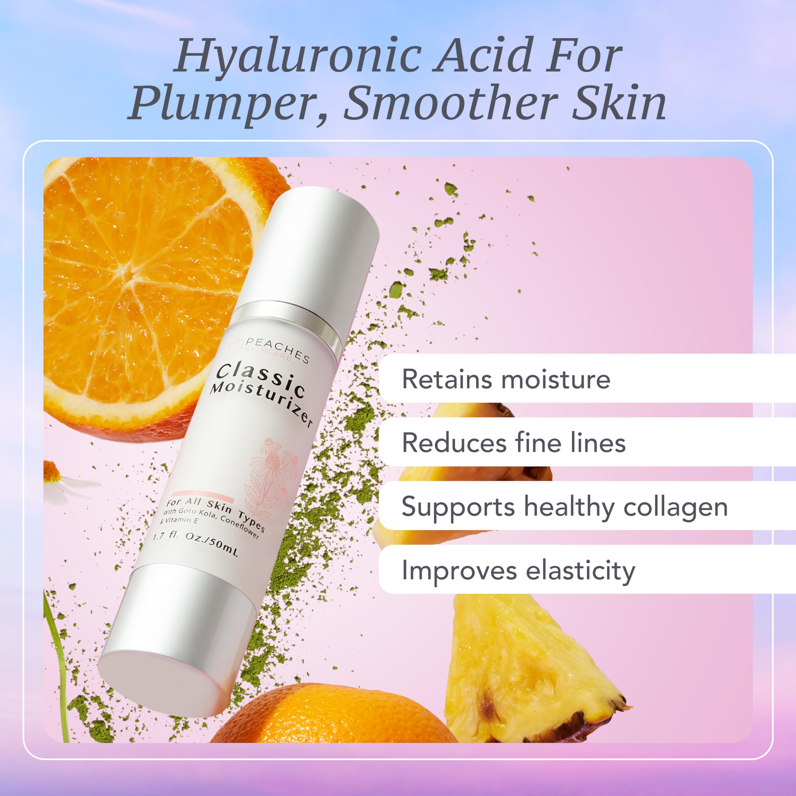 Peaches Skin Care moisturizer highlighting gotu kola and vitamin E for lasting moisture.