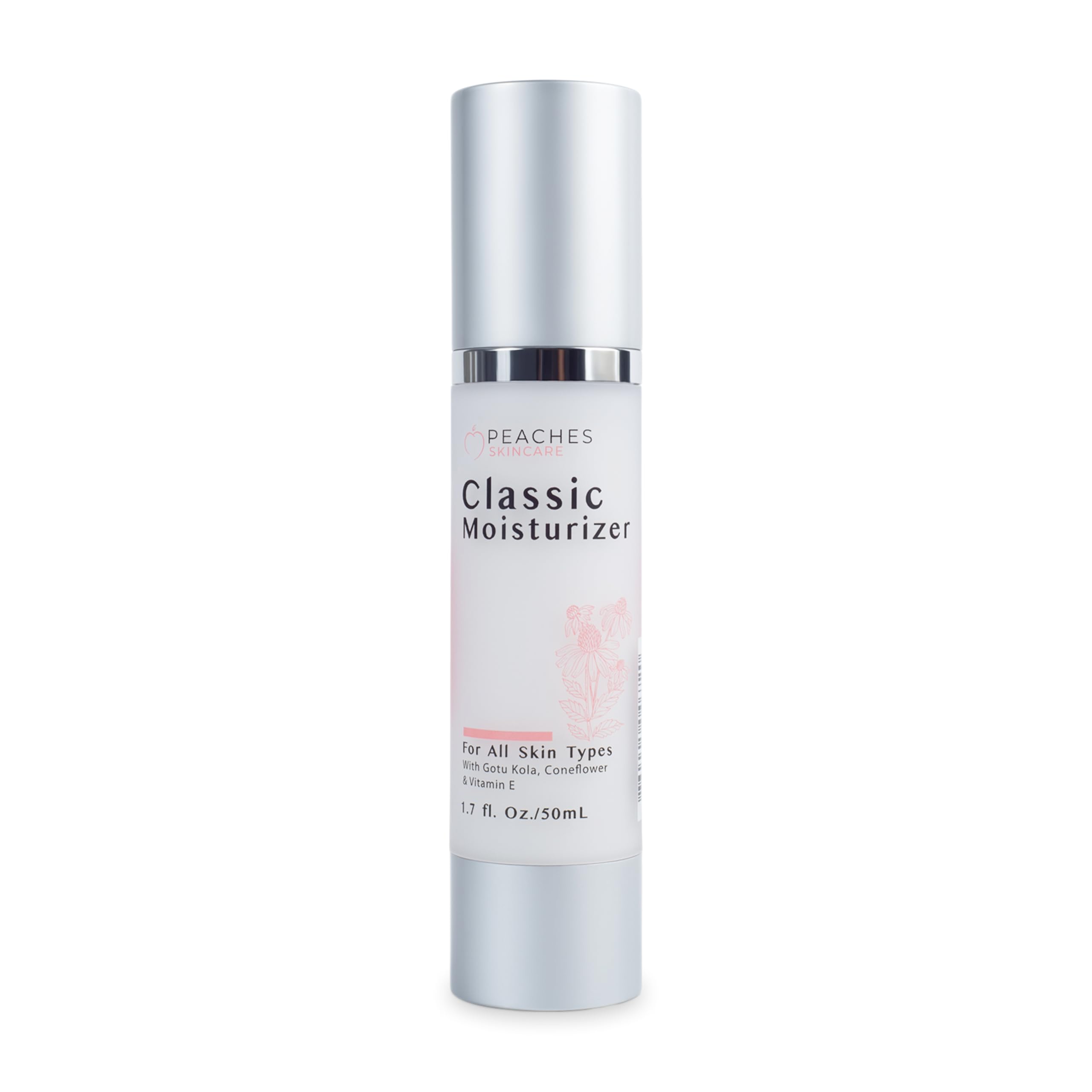 Peaches Skin Care hydrating moisturizer bottle on hand for daily use and lightweight hydration.