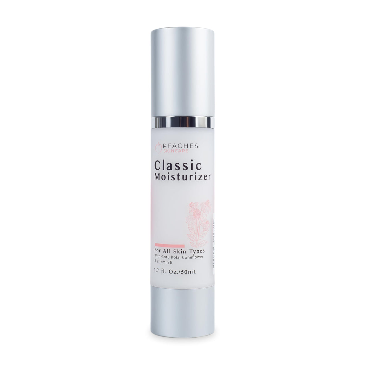 Peaches Skin Care hydrating moisturizer bottle on hand for daily use and lightweight hydration.