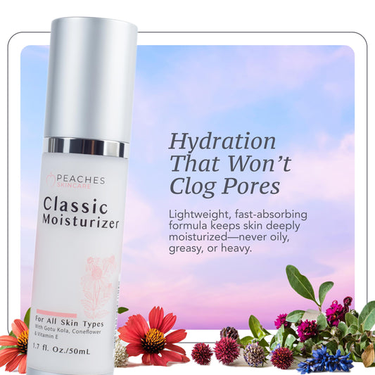 Peaches Skin Care texture close up showing smooth non greasy finish for all skin types.