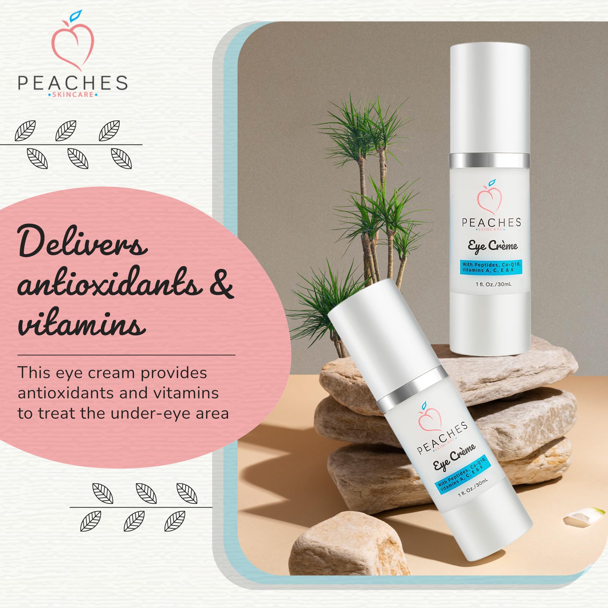 Peaches Skin Care Under Eye Cream packaging front view highlights vegan formula