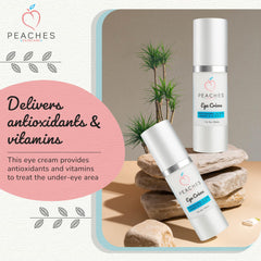 Peaches Skin Care Under Eye Cream packaging front view highlights vegan formula