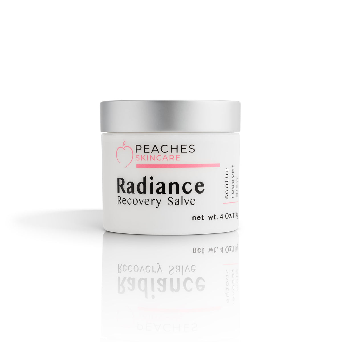Peaches Skincare Radiance Recovery Salve bottle showing barrier-support moisturizer for dry or sensitive skin