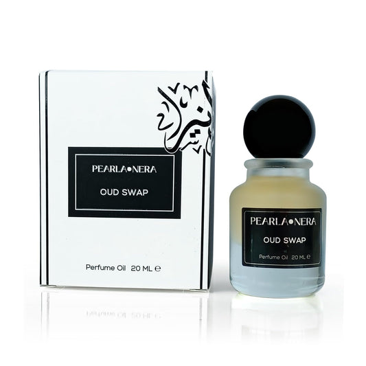 Pearlanera OUD SWAP bottle close-up highlighting rich oud and rose notes for evenings.
