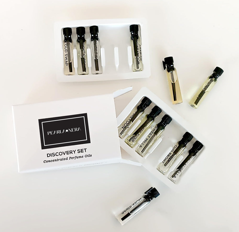 Pearlanera OUD SWAP discovery set packaging inviting fragrance exploration.