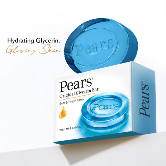Pears bathing bar in dish shown, showcasing glycerin for hydration.