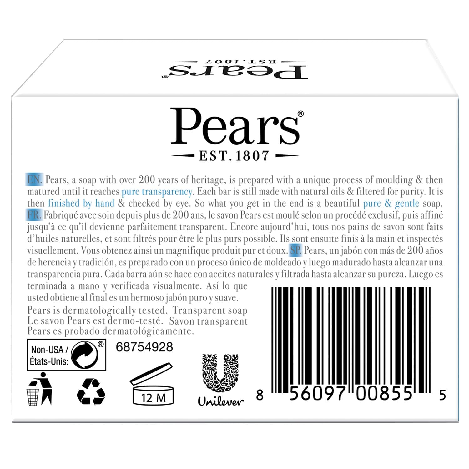 Close-up Pears soap bar shows minty aroma and translucent blue color